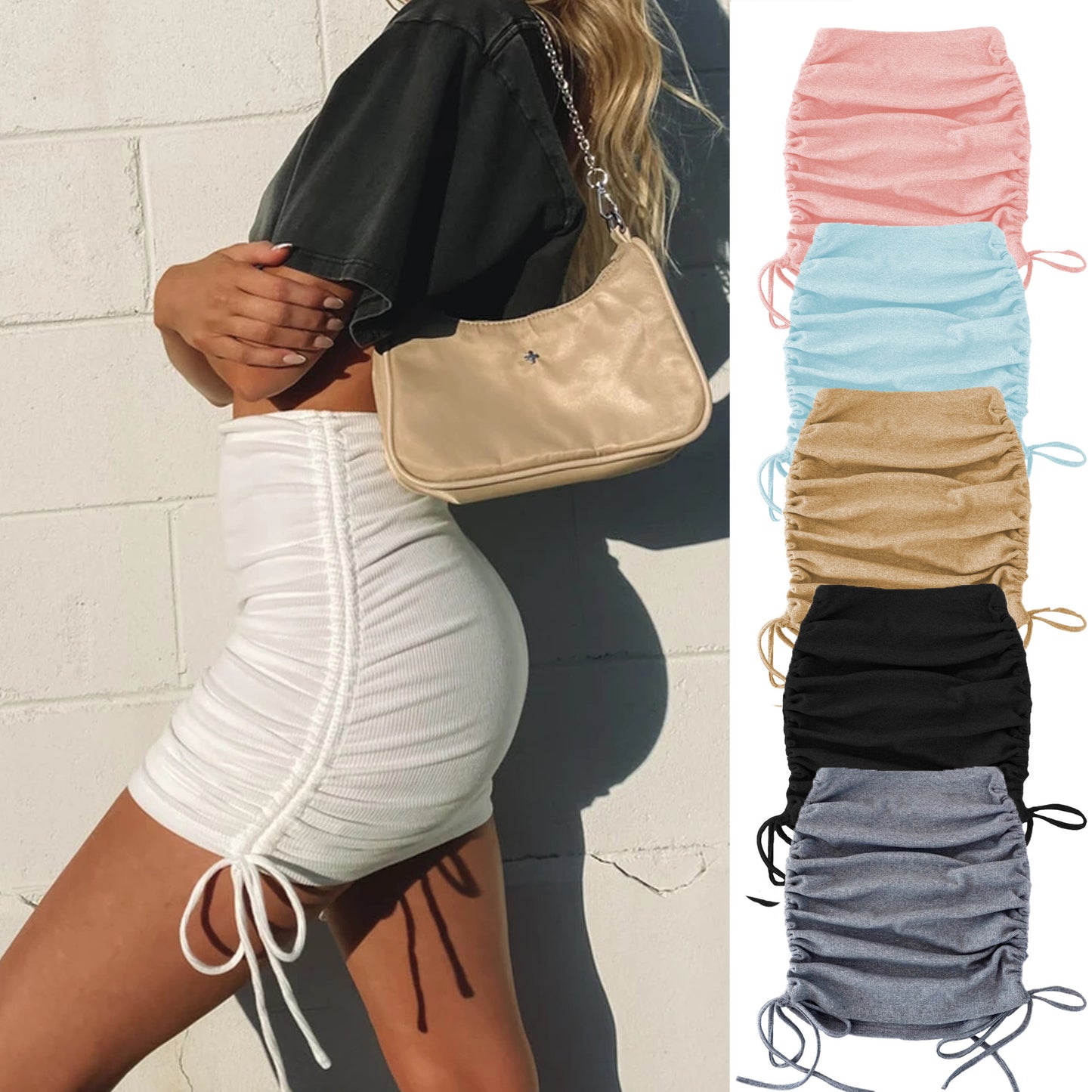 Knitted Threaded Side Drawstring Elastic Pleated Skirt