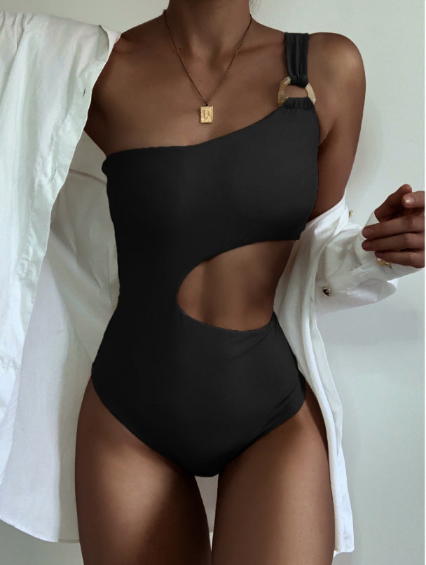 Sexy Waist Hollow-out One-shoulder Two-color Swimsuit