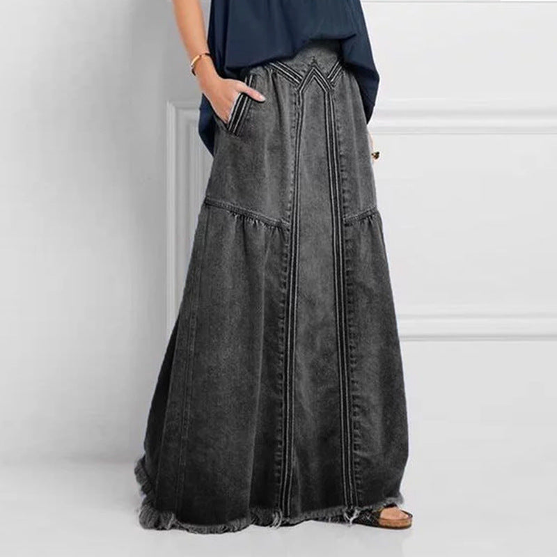 Denim Binding Tape Brushed Elastic High Waist Simple All Match Long Skirt