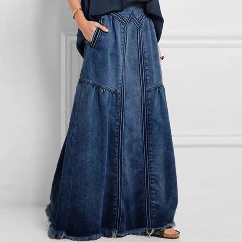 Denim Binding Tape Brushed Elastic High Waist Simple All Match Long Skirt