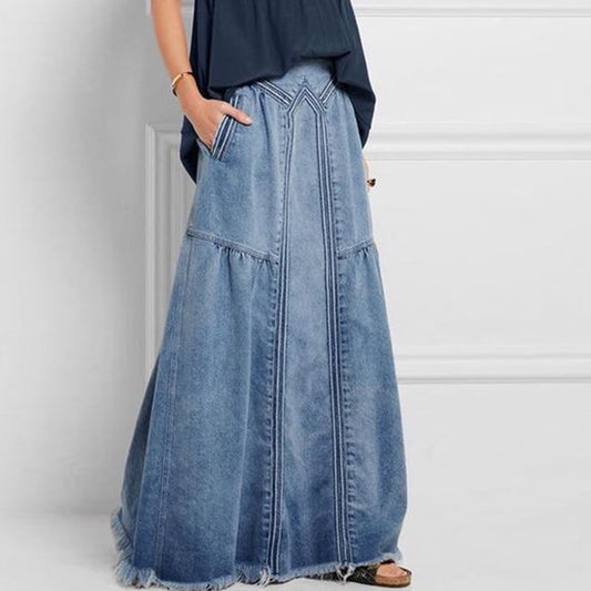 Denim Binding Tape Brushed Elastic High Waist Simple All Match Long Skirt