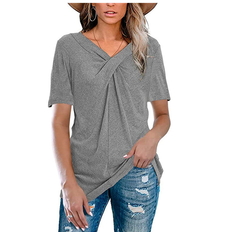 Short Sleeve V-neck Solid Color Criss Cross Knot Ladies Loose-Fitting Casual T-shirt