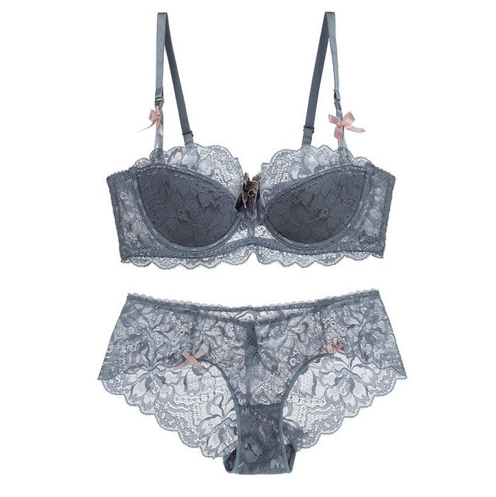 Sexy Lace Edge Side Drawing Breathable Thin Cotton Bra Set