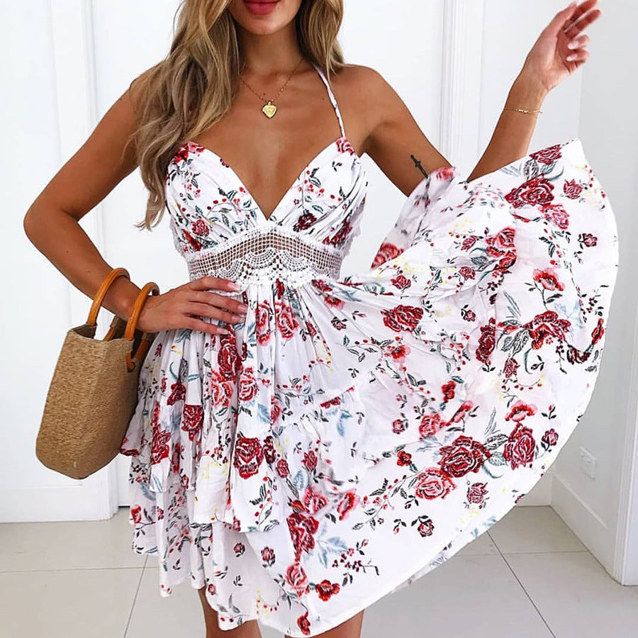 Sexy Backless Waist Lace Floral Print Dress