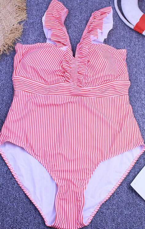 Rüschen-Sexy-Streifen-Badeanzug mit V-Ausschnitt und offenem Rücken