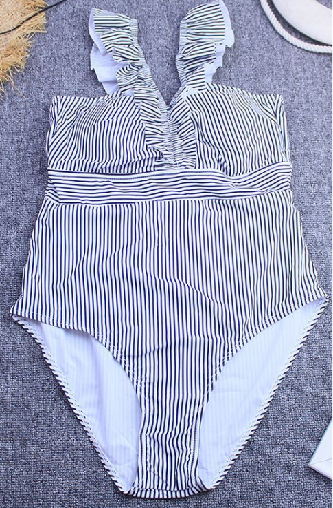 Ruffle Sexy Stripes V-neck Open Back Swimsuit