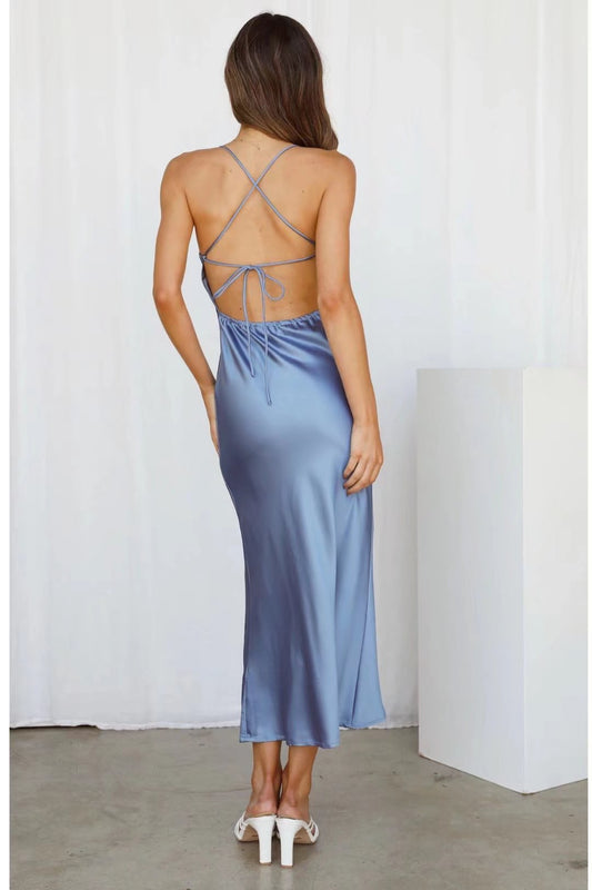 Sexy Back Lace-Up Satin Maxi Dress