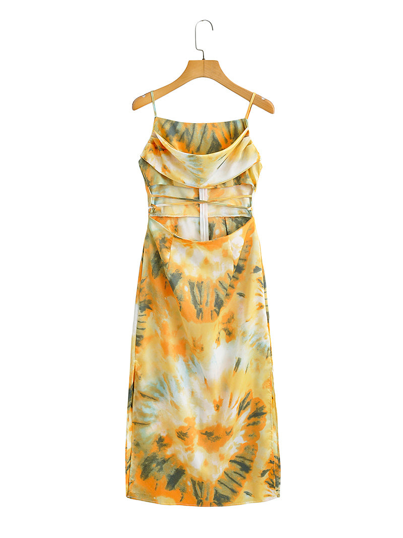 Sexy Satin Printed Hollow Out Strap Cami Dress