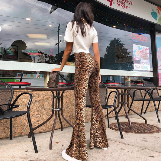 Elastic High Waist Leopard-Print Bell-Bottom Pants