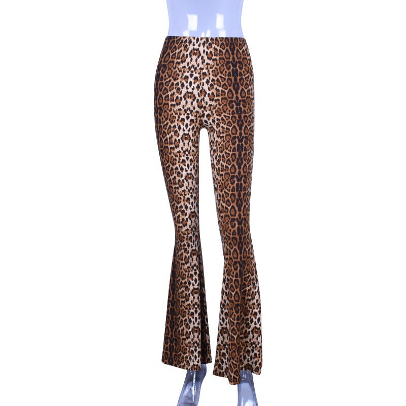 Elastic High Waist Leopard-Print Bell-Bottom Pants