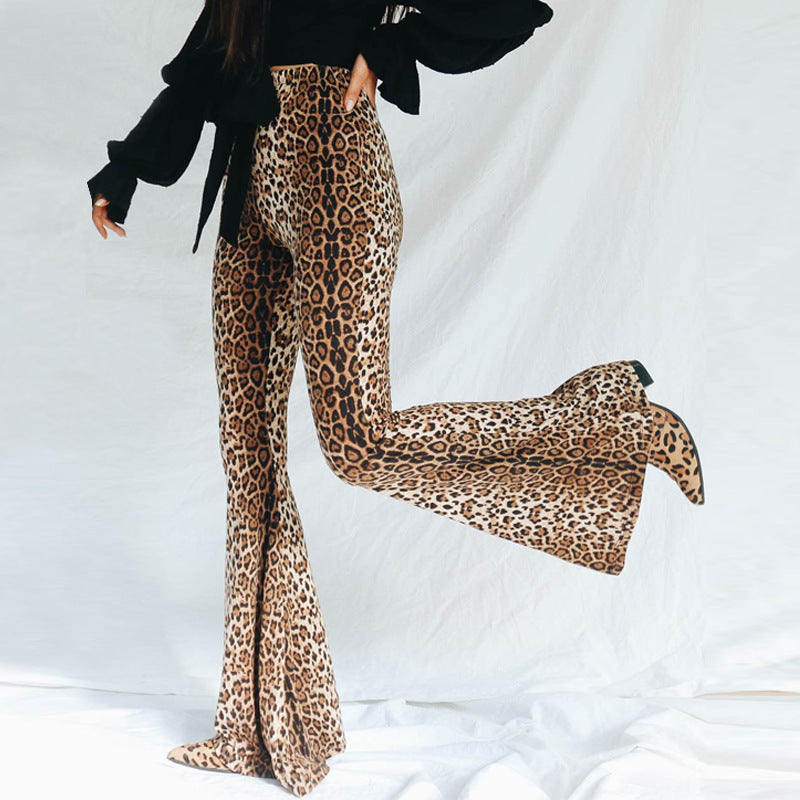 Elastic High Waist Leopard-Print Bell-Bottom Pants