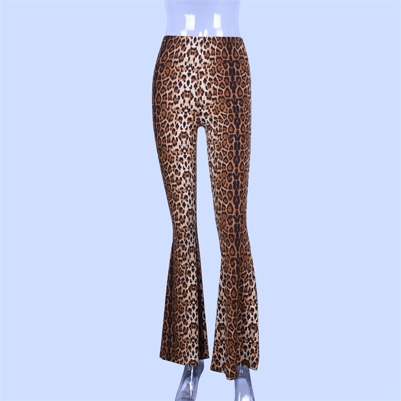 Elastic High Waist Leopard-Print Bell-Bottom Pants