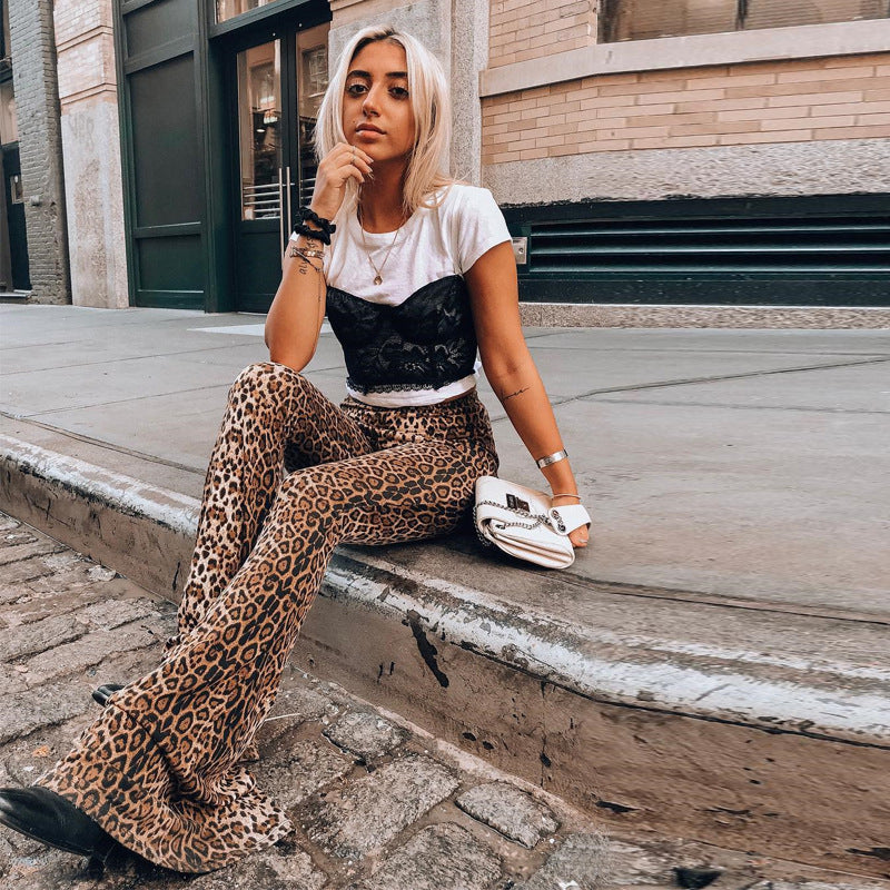 Elastic High Waist Leopard-Print Bell-Bottom Pants