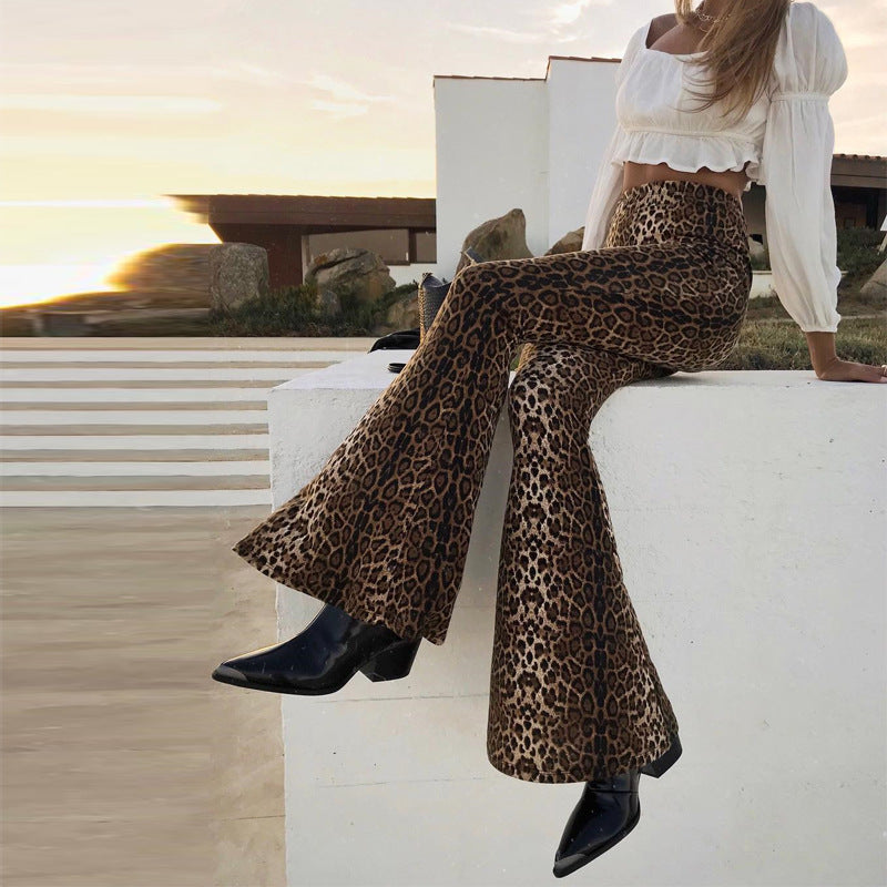 Elastic High Waist Leopard-Print Bell-Bottom Pants