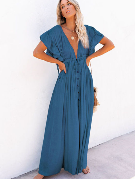 Single Breasted Waist Pull-Belt Beach Cover-up