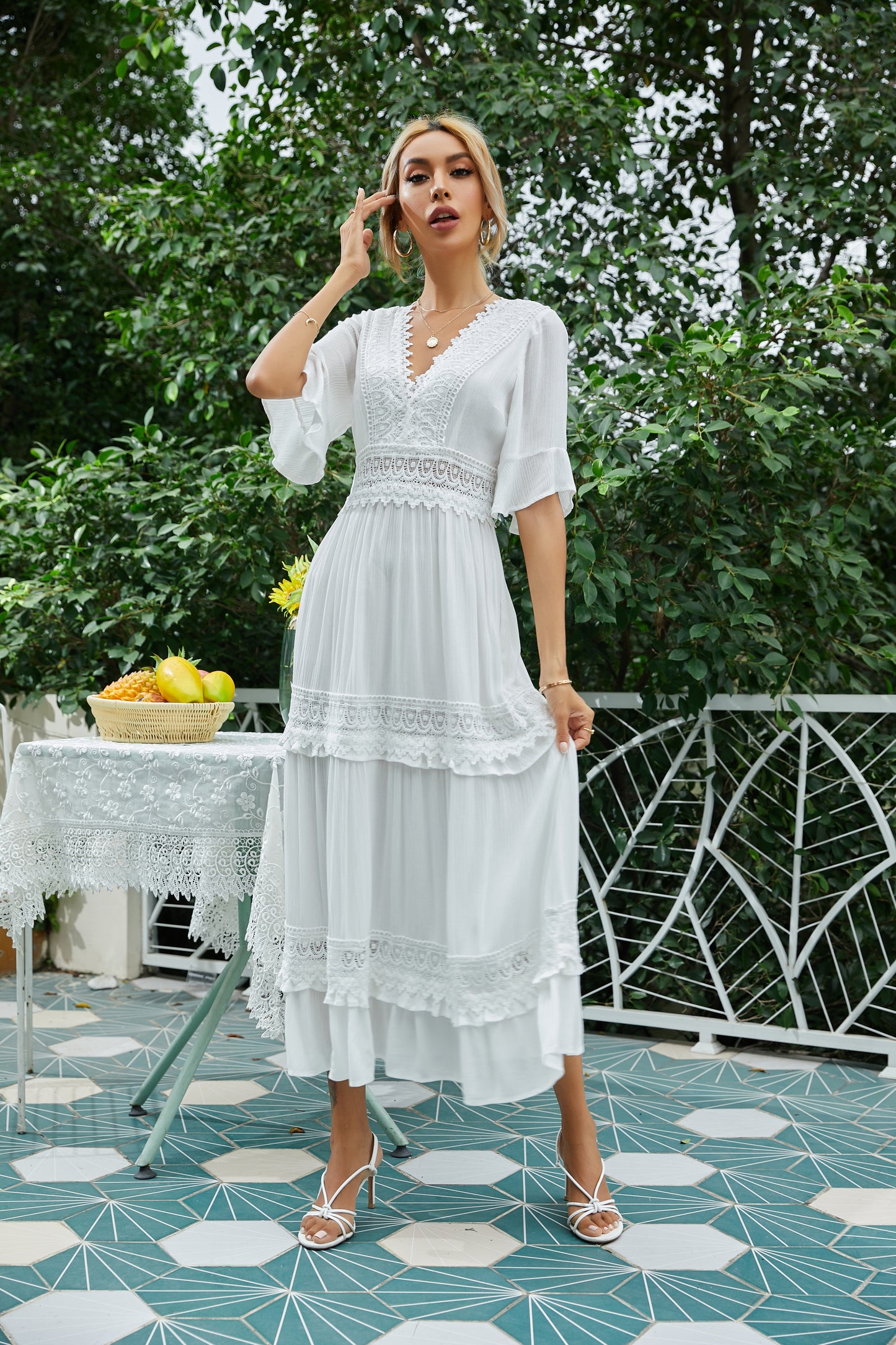 Short Sleeve V Neck Lace Maxi Dress