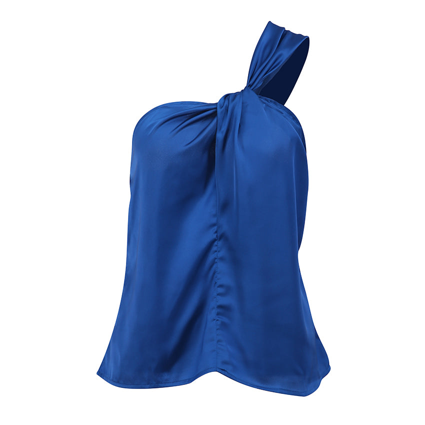 Oblique Shoulder Satin Base Fashion Klein Blue Top