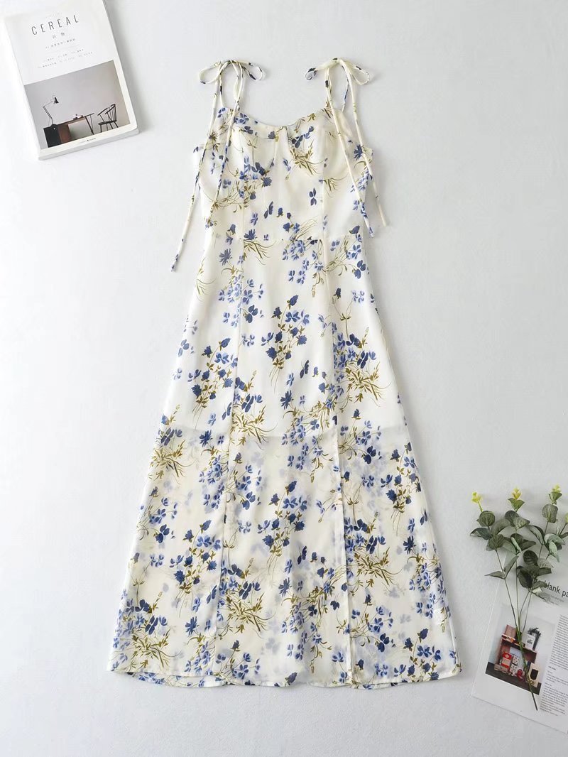 Strap Floral High Waist Slimming Mid-Length Dress