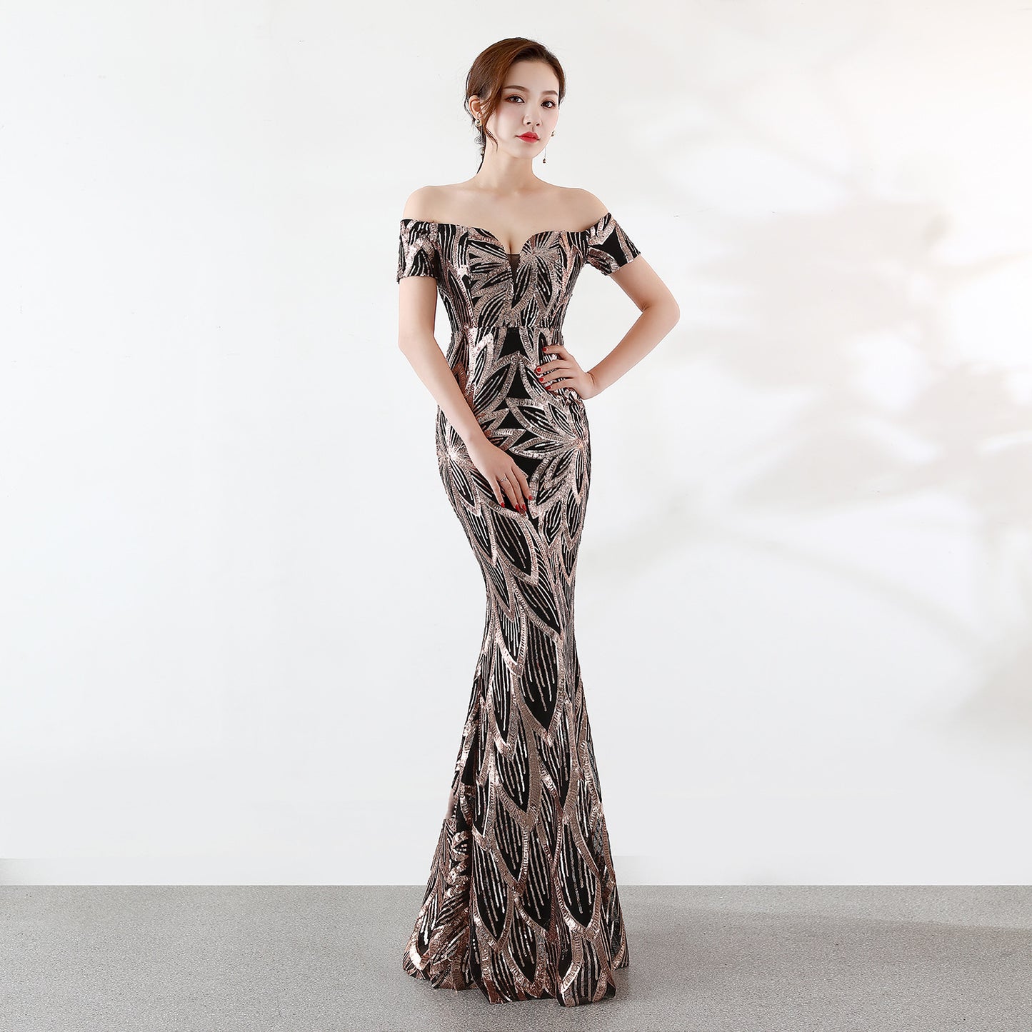 Off the Shoulder Long Fish Tail Sequined Evening Dress