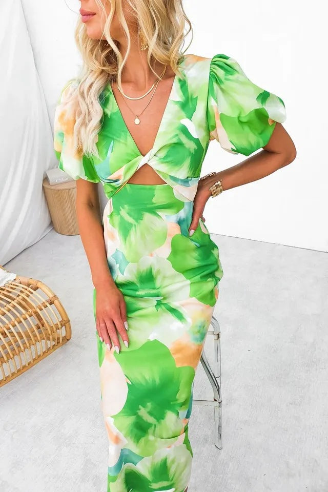 Sexy Print V Neck Hollow Out Bubble Sleeve Elegant Dress