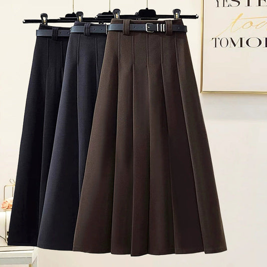 Gray Woolen Pleats Over The Knee Skirt