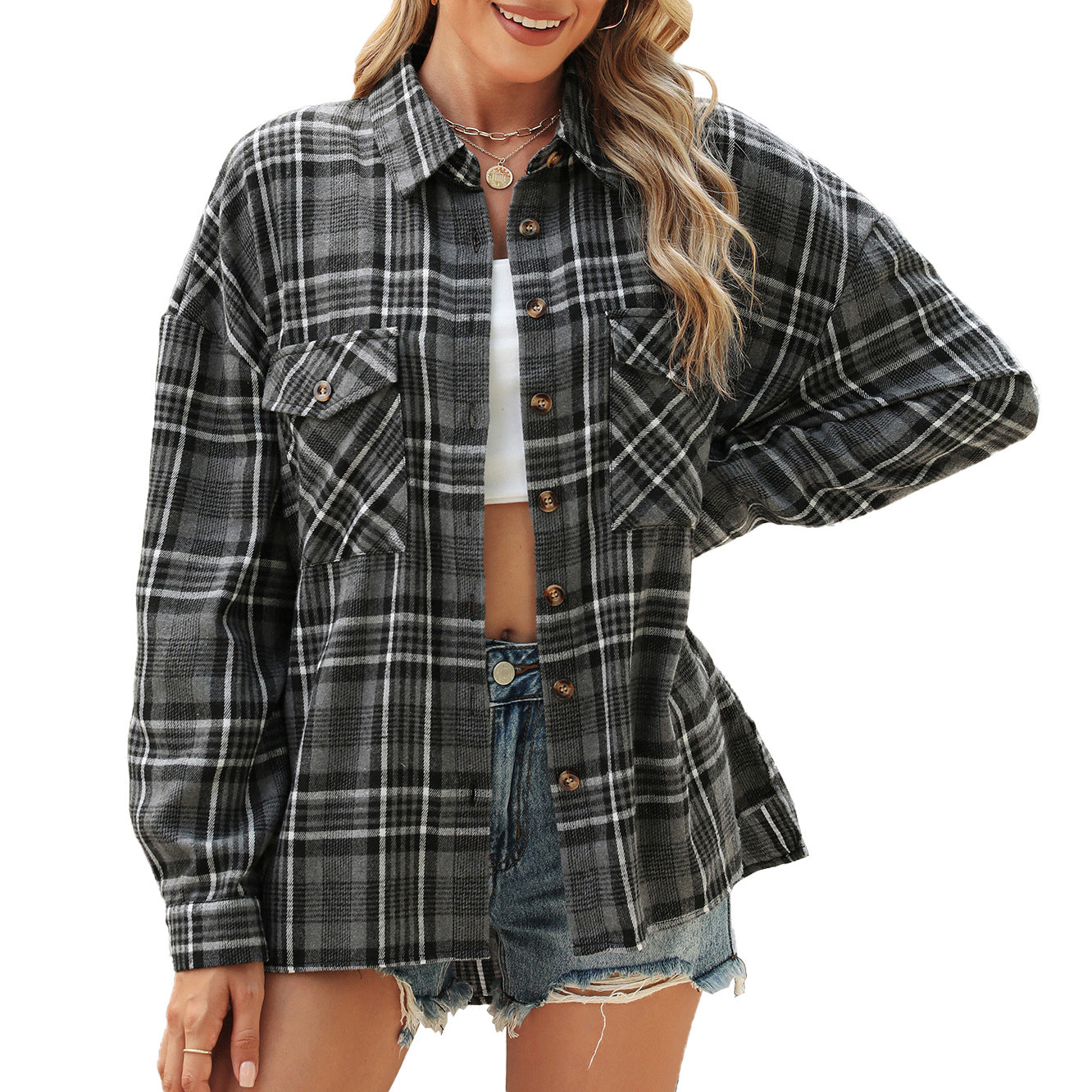 Polo Collar Pocket Loose Long Sleeve Plaid Shirt