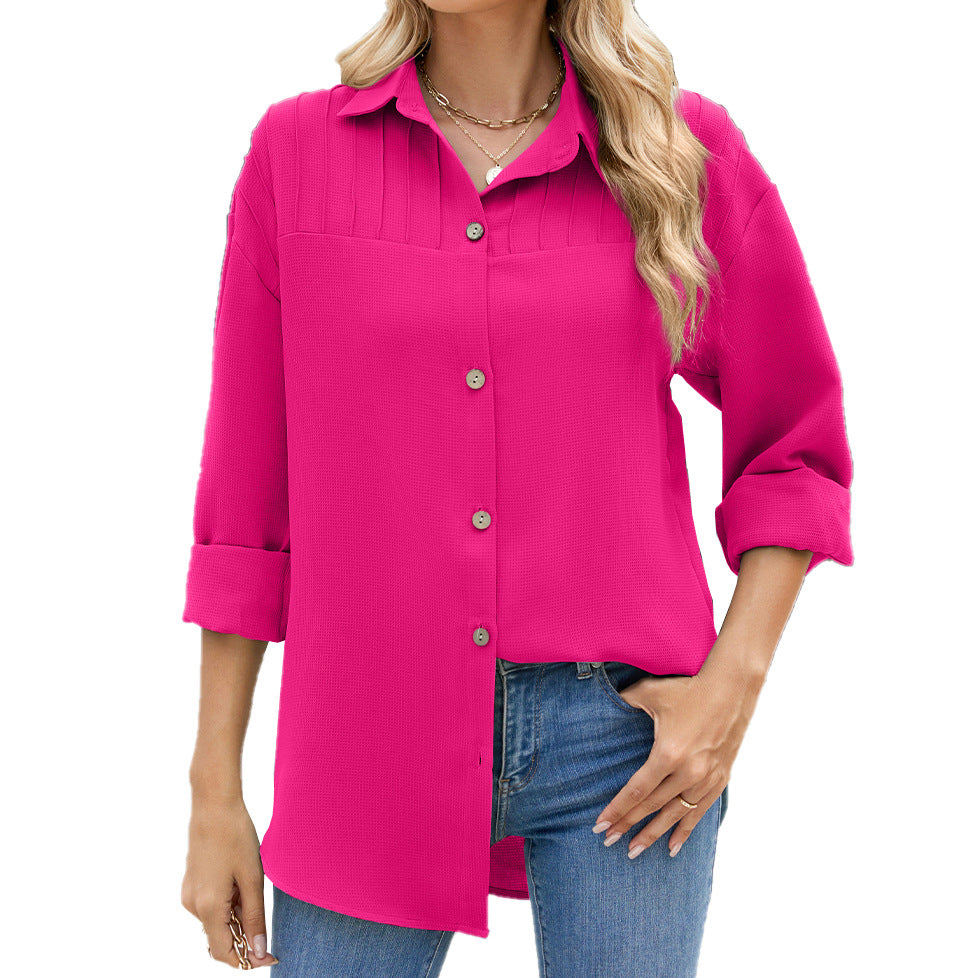 Collared Button Long Sleeve Loose Fitting Shirt