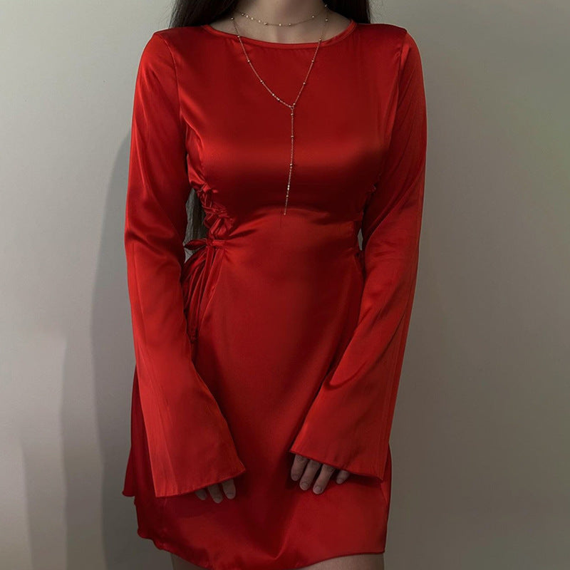 Elegant Slim Satin Tied Long Sleeves Dress