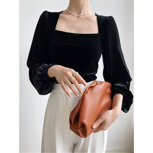 Black Pleuche Square Collar Puff Sleeve Shirt