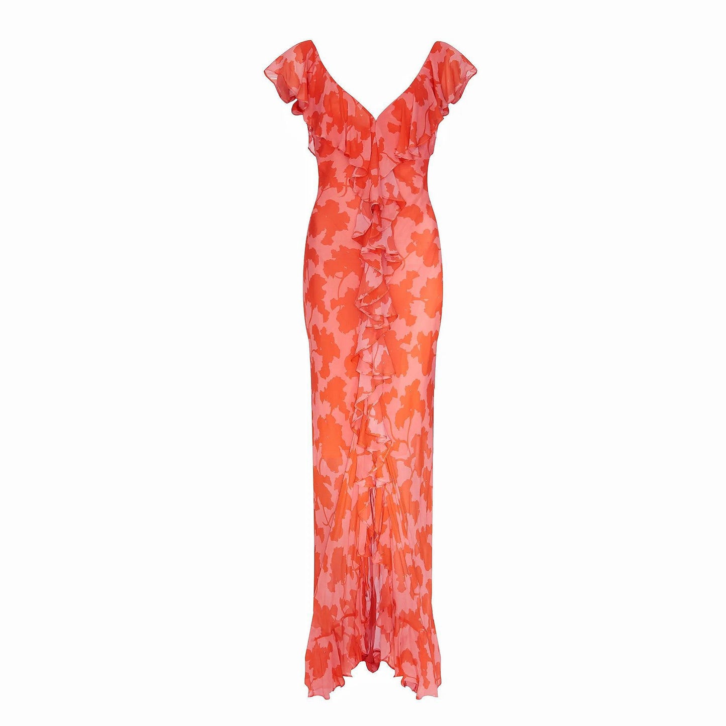 Chiffon V Neck Slim Fit Slit Transparent Irregular Asymmetric Ruffled Slit Dress