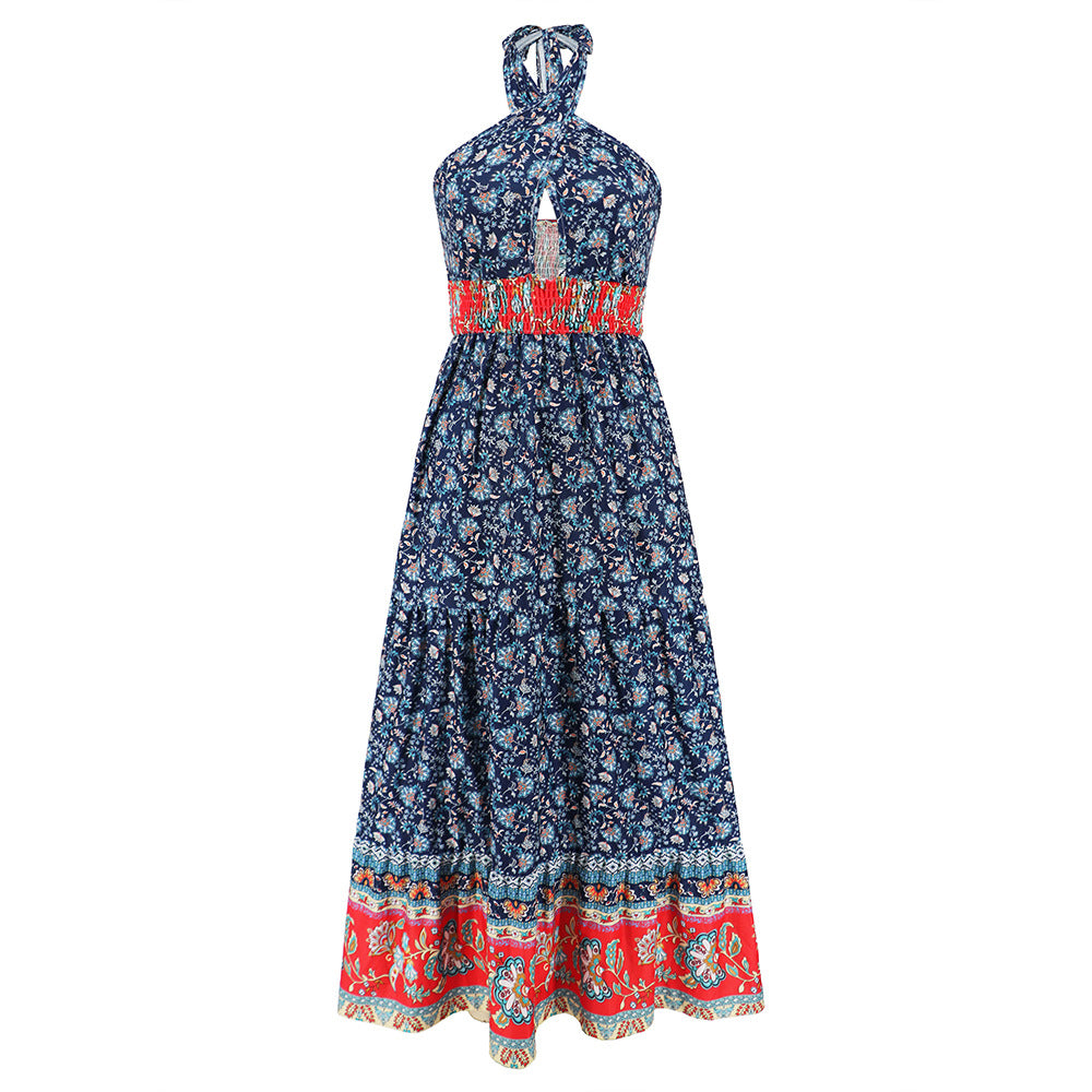 Sexy Crossover Lace up Halterneck Summer Criss Cross Bohemian Vintage Floral Dress