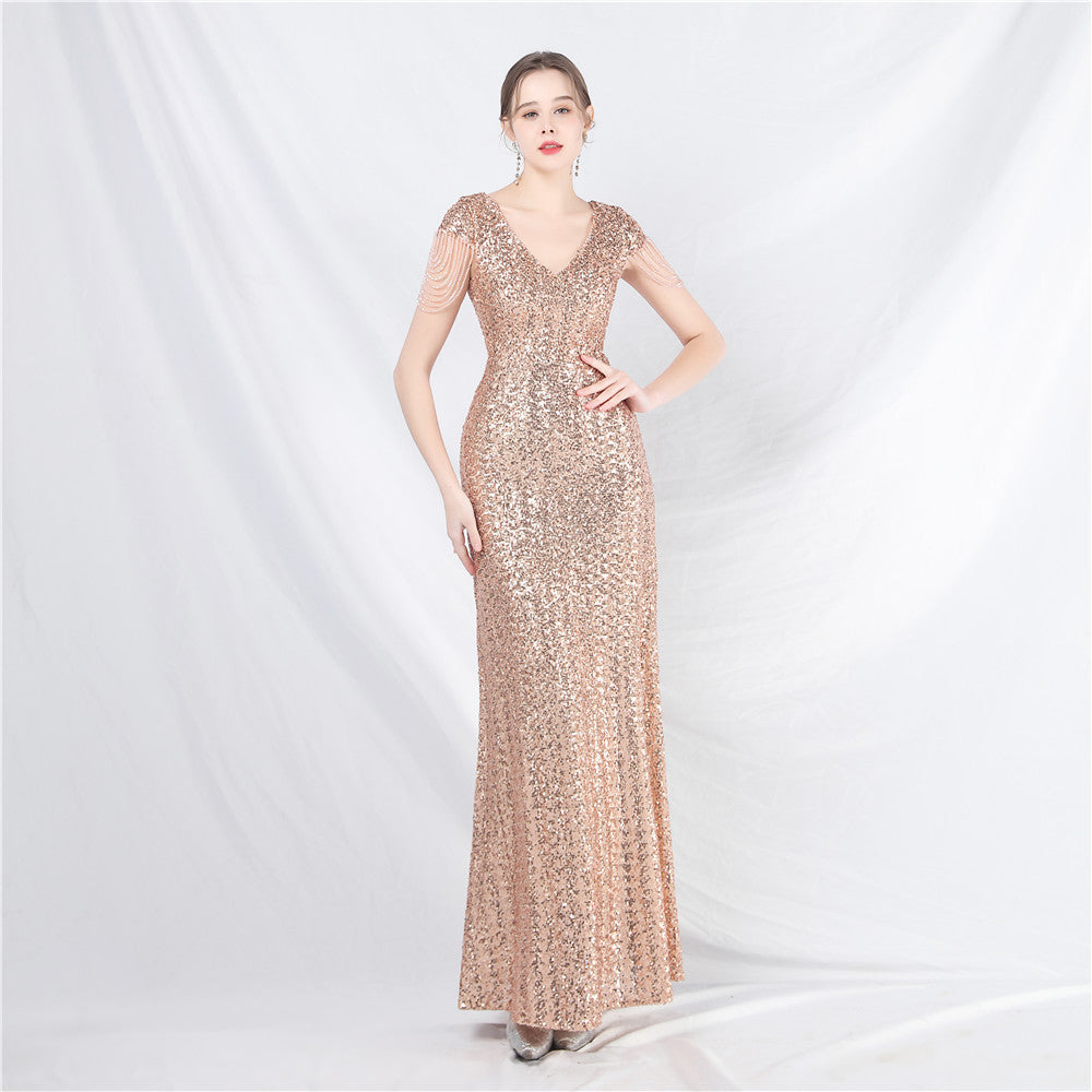 Beaded Sequined Long A Line Evening Dress