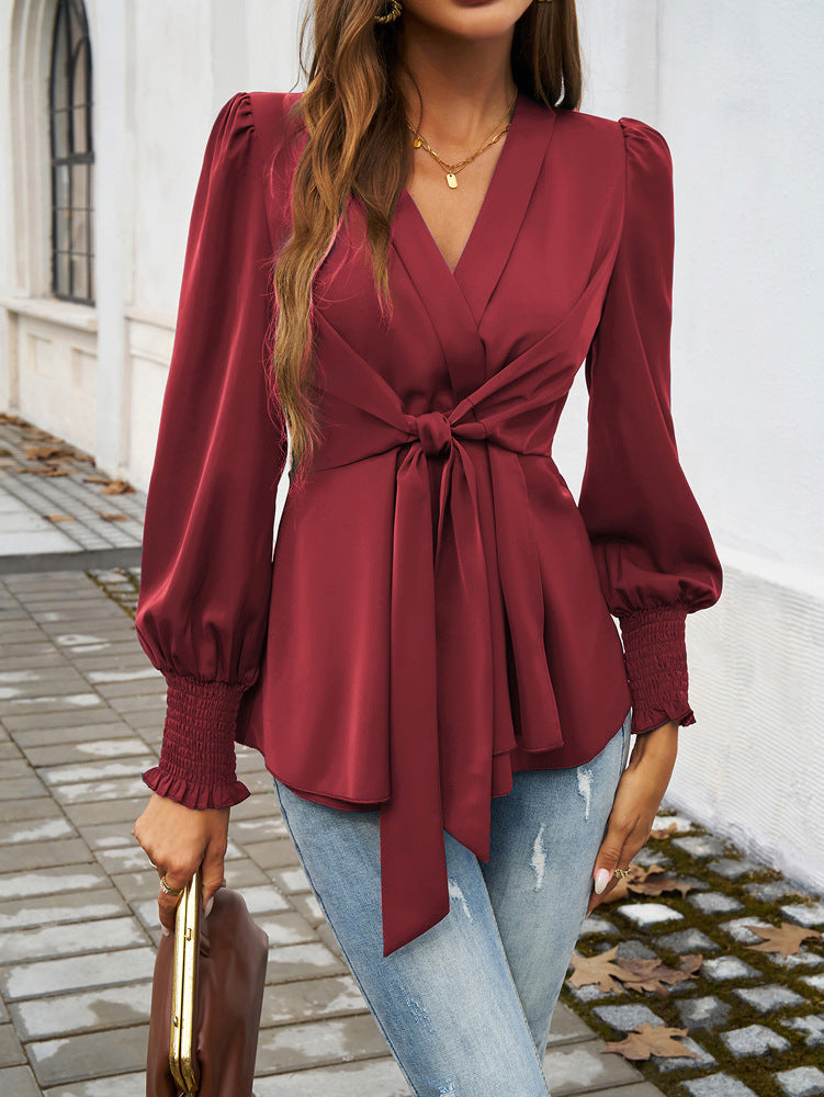 V Neck Solid Color Long Sleeved Top