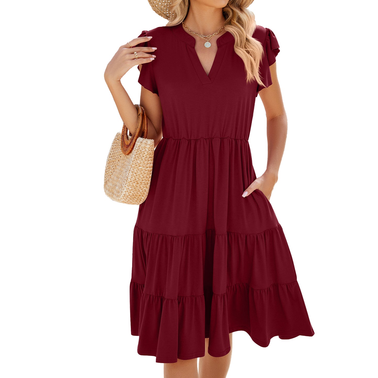 V Neck Loose Short Sleeve Waist Controlled Stitching Dress