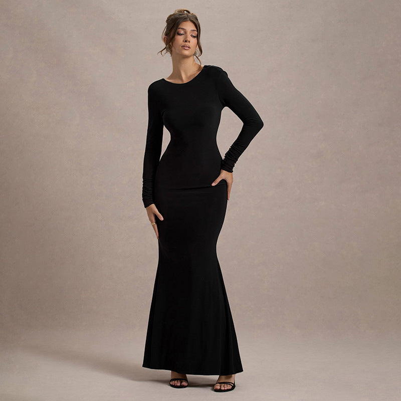 Backless Bow Long Sleeve Narrow Maxi Dress