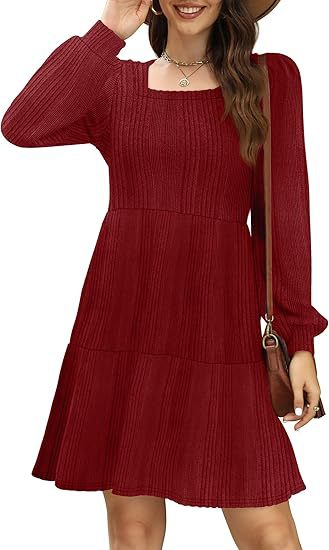 Square Collar Lantern Sleeve Pocket Long Sleeve Dress