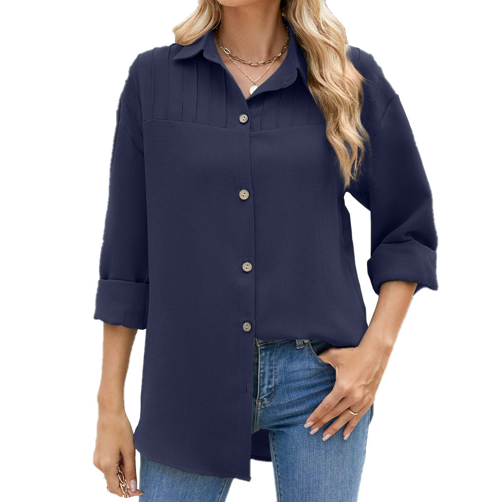 Collared Button Long Sleeve Loose Fitting Shirt