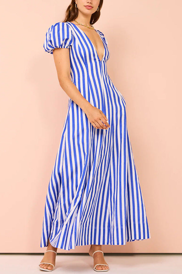 Low Cut V Neck Striped Puff Sleeve Large Swing Dress