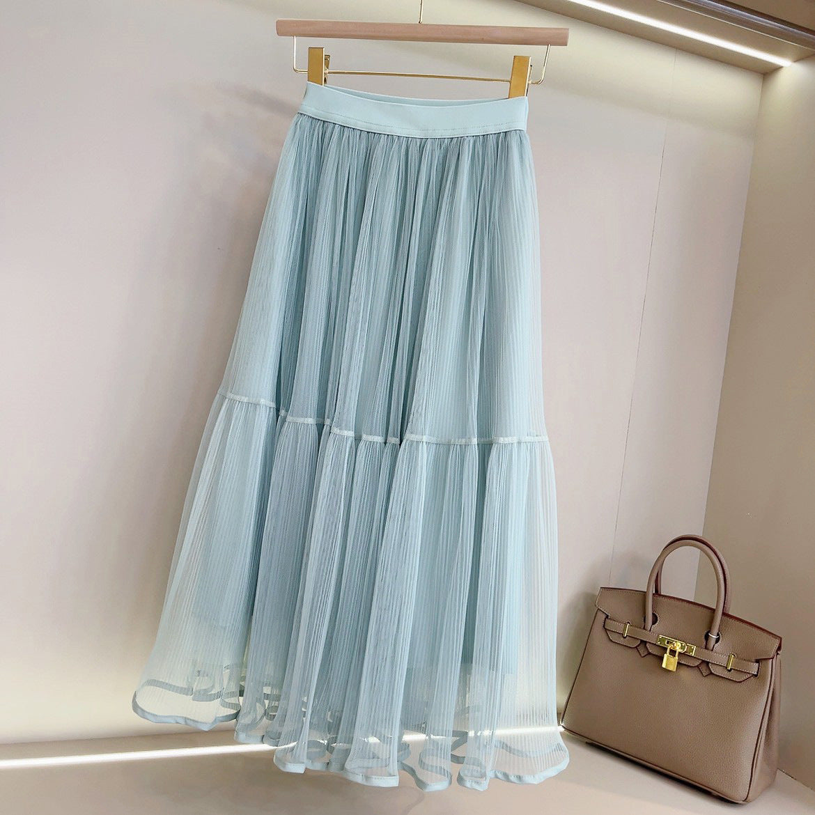 Gauze Pleated A Line High Waist Mid Length Skirt