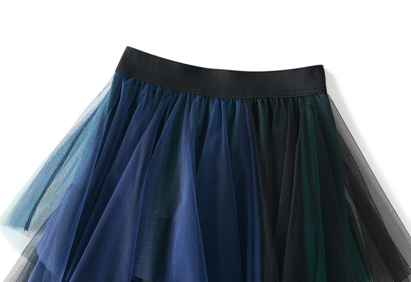 Color Matching Mesh Multi Layer Irregular Asymmetric All Matching Elastic Waistband Midi Skirt