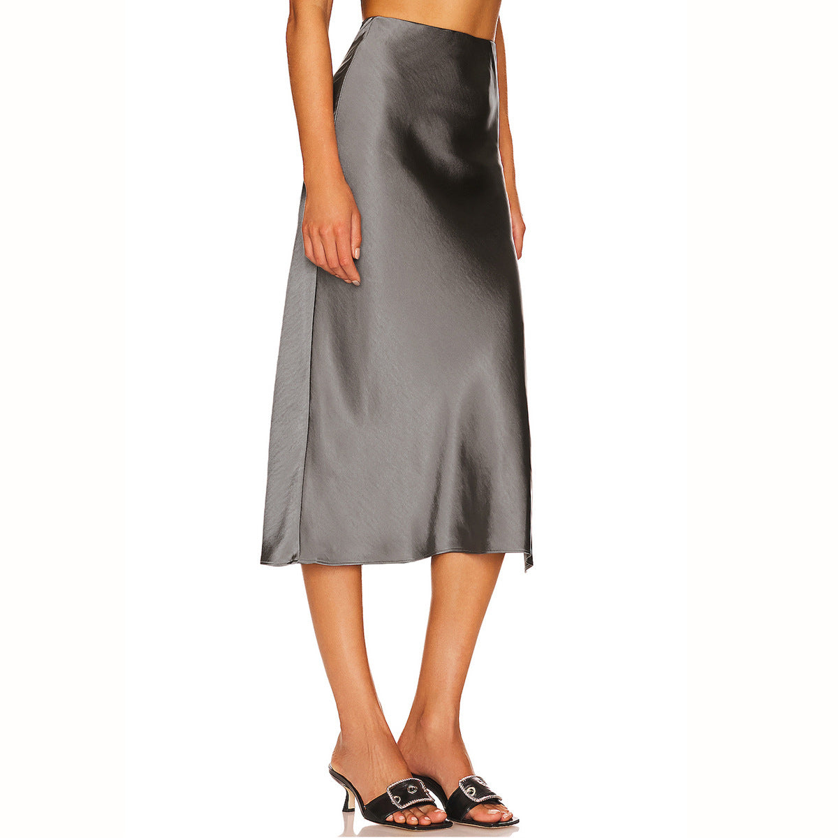 Satin Elastic High Waist Slit Midi Skirt