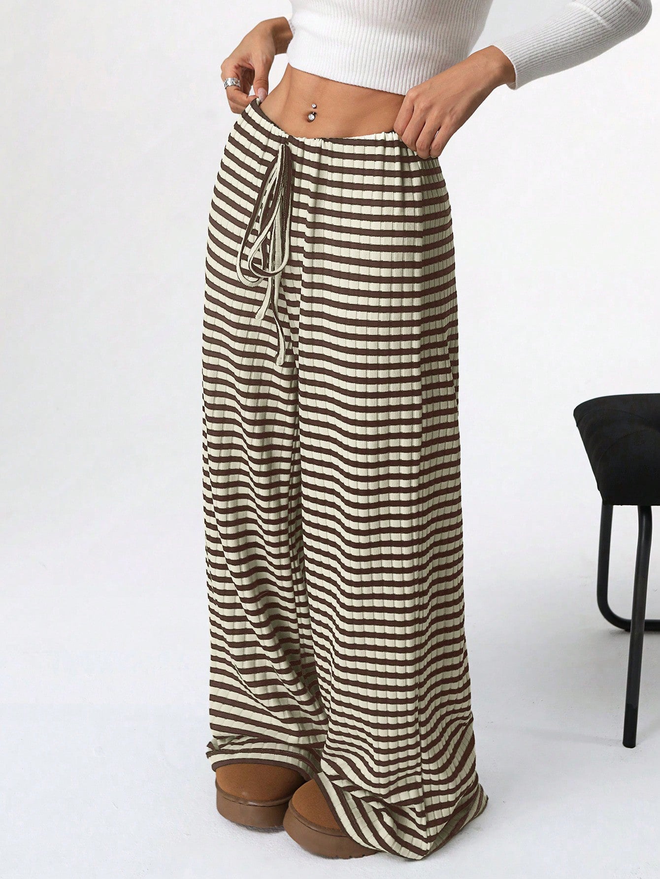 Striped Rubber Band Drawstring Straight Leg Pants