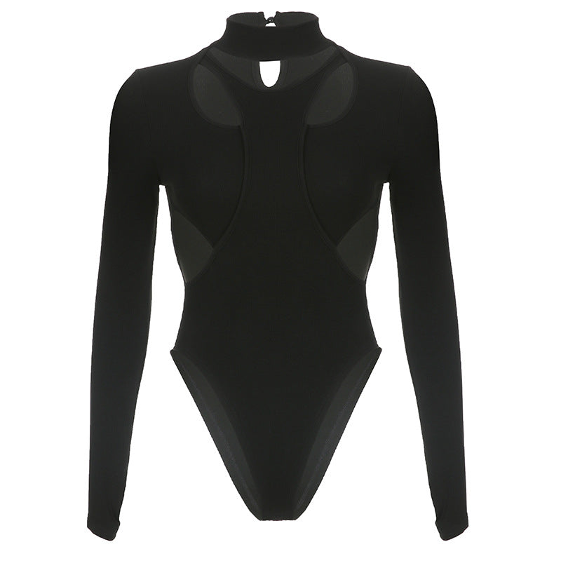 Criss Cross Cutout Backless Lace up Tight-Fitting Solid Color Turtleneck Long Sleeve Bodysuits