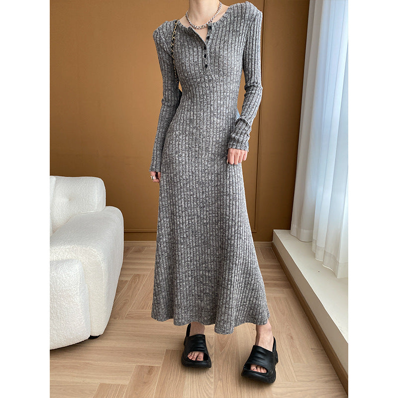 Sunken Stripe Padded Shoulder Slimming Knitted Dress