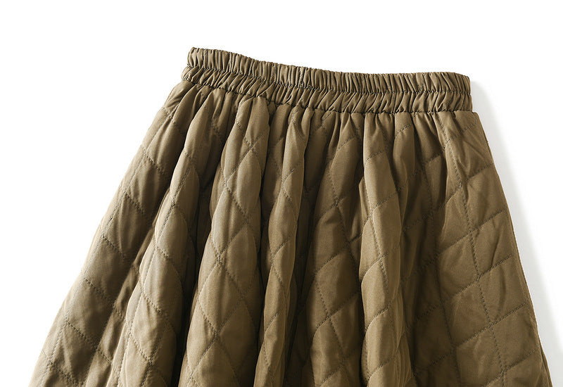 South Korea Elastic Waist Rhombus Woven Quilted A Line Slimming Skirt