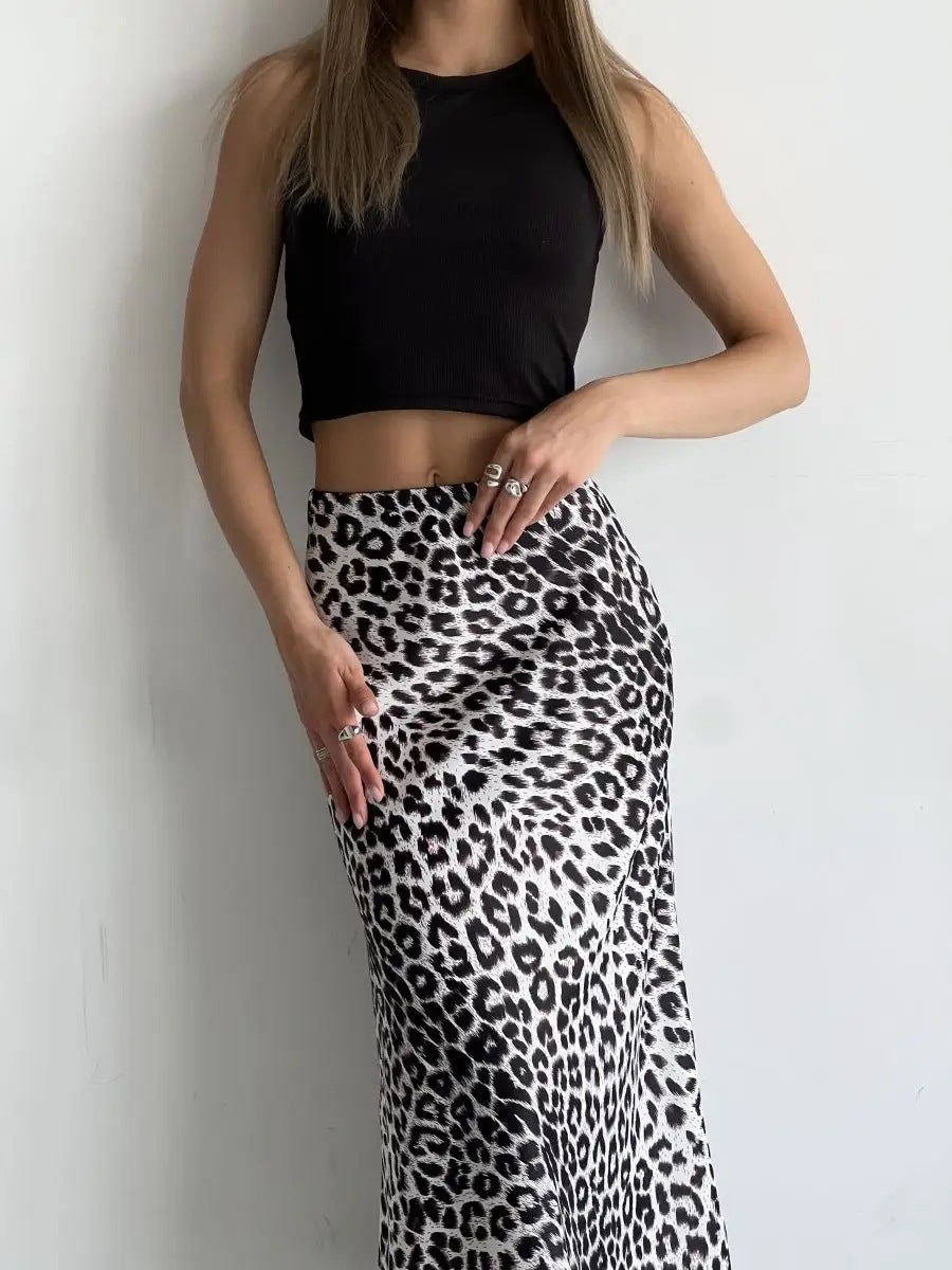 Satin Sexy Leopard Print Maxi Skirt