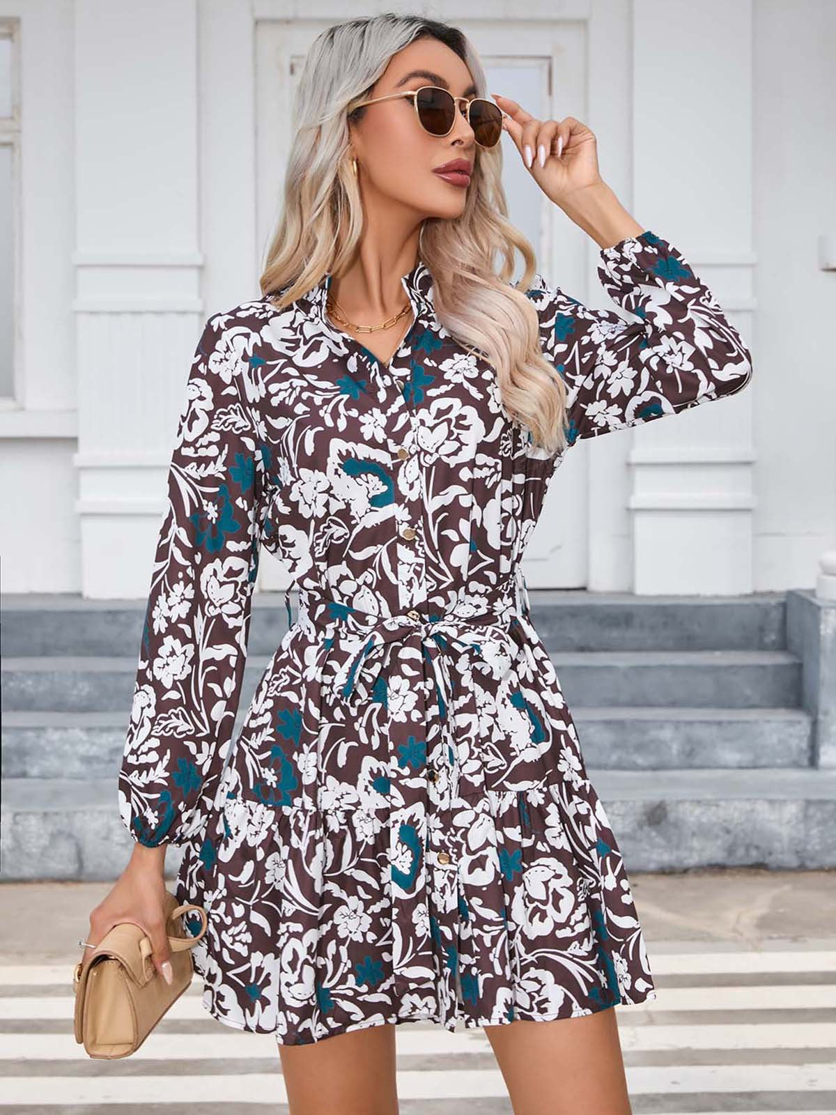 Printing Button Long Sleeve Dress