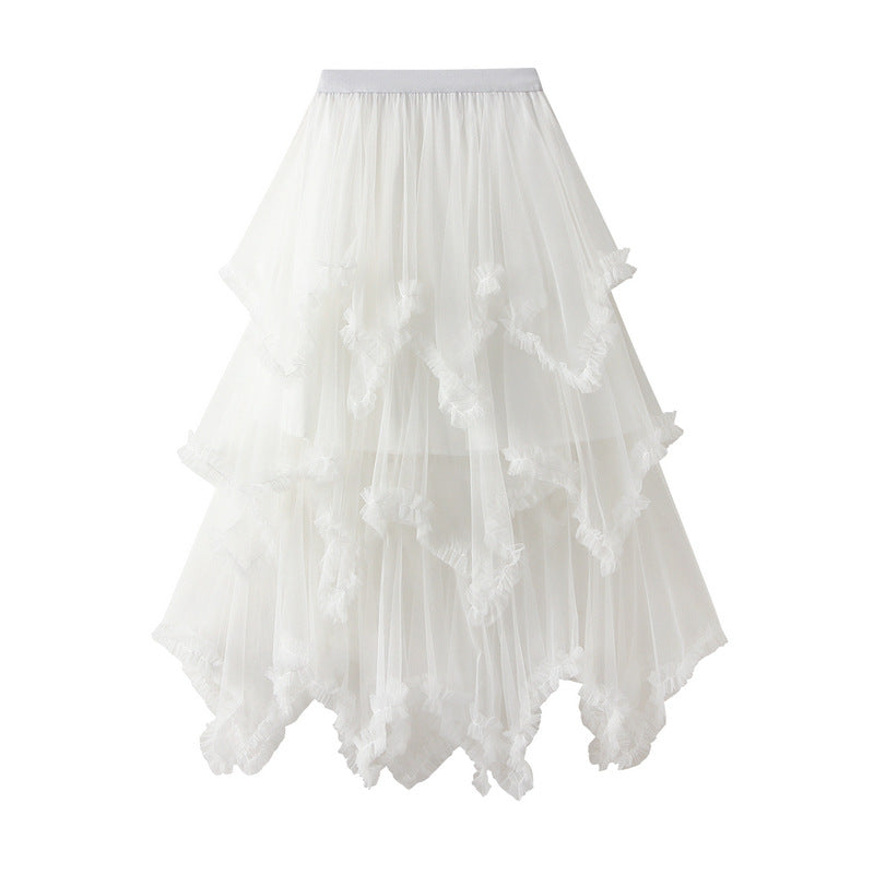 Wooden Ear Irregular Asymmetric Mesh Tiered Skirt