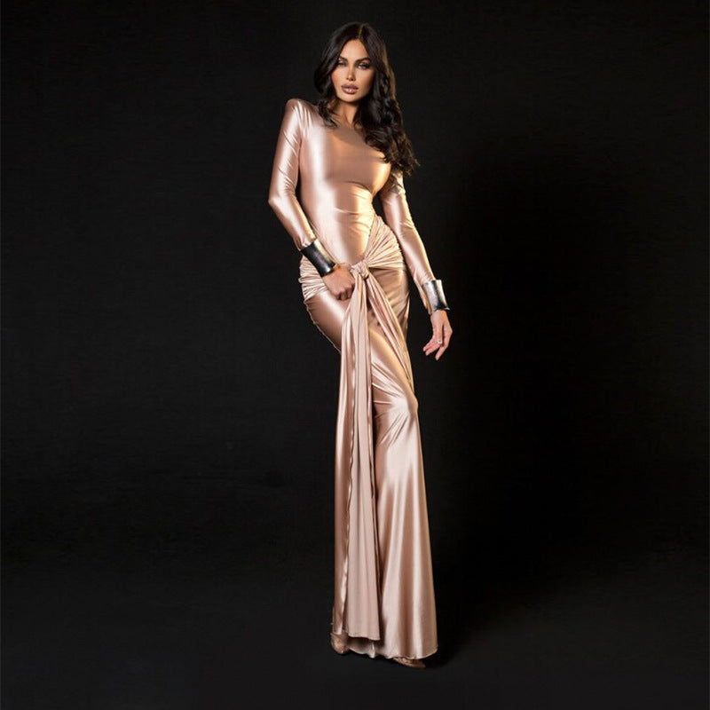 Elegant Long Sleeve Tied Waist Slimming Satin Maxi Dress