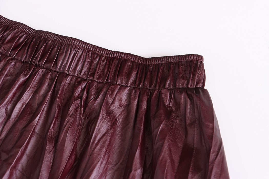 Vintage Pleated Texture Elastic High Waist Faux Leather Skirt